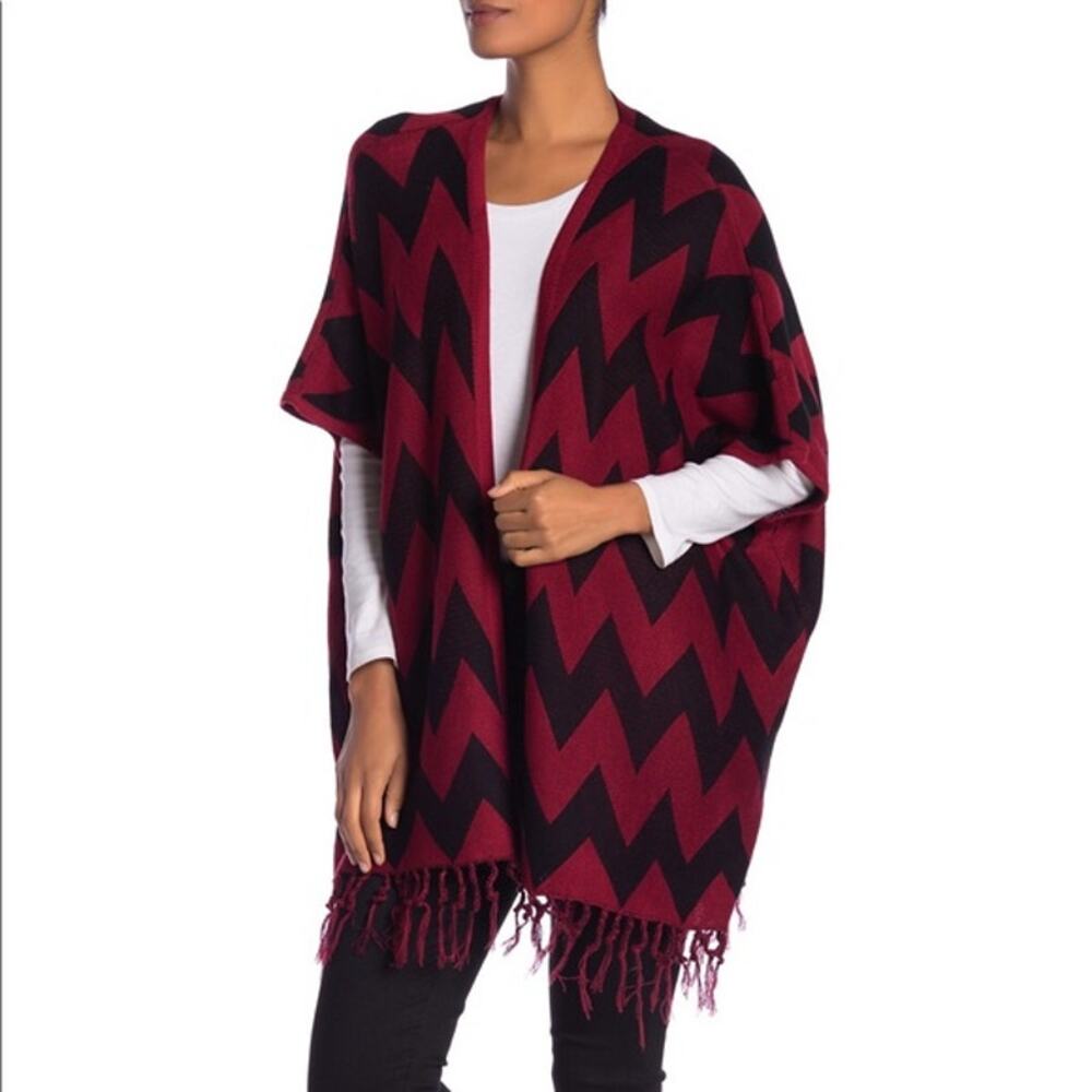 Papillon Oversized Chevron Fringe Wrap Cardigan Women's L Red Black Boho